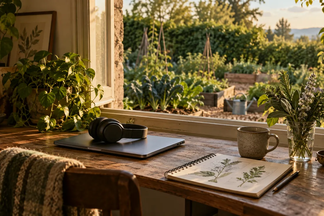 Bureau d’étude près d’une fenêtre ouverte sur un potager, avec carnet, tasse et casque audio. Image générée par IA