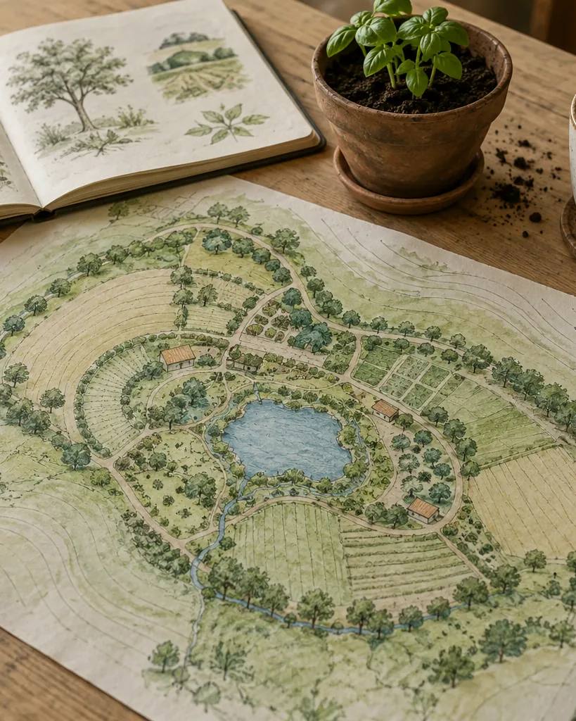Plan de terrain dessiné à l’aquarelle sur une table, avec carnet de croquis, crayon et tasse de thé
