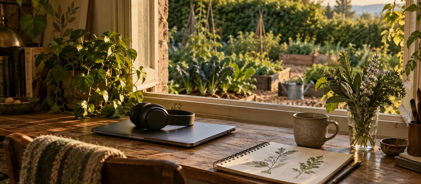 Bureau d’étude près d’une fenêtre ouverte sur un potager, avec carnet, tasse et casque audio. Image générée par IA